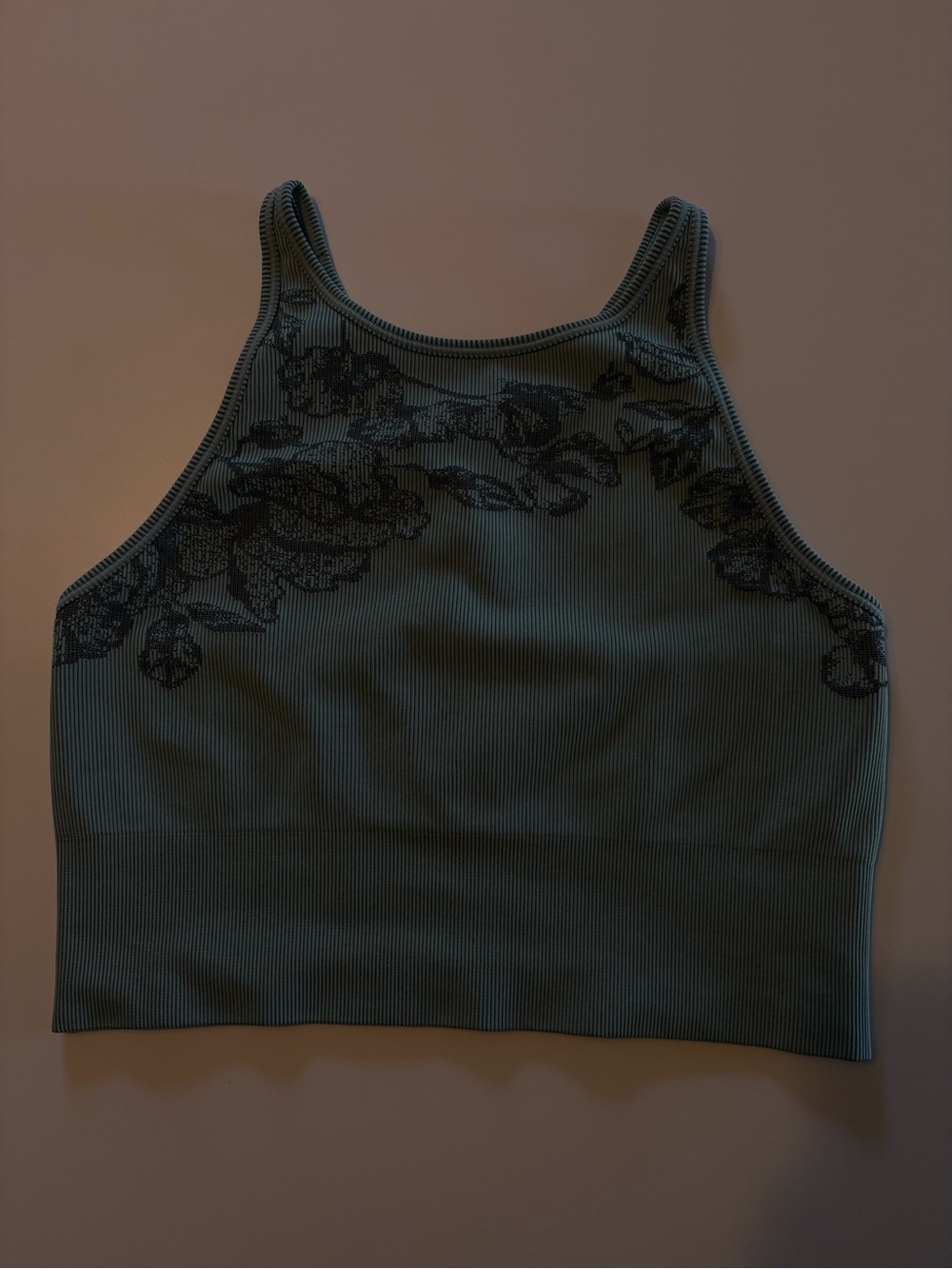 Athleta Green High-Neck Ribbed Bralette with Floral Lace